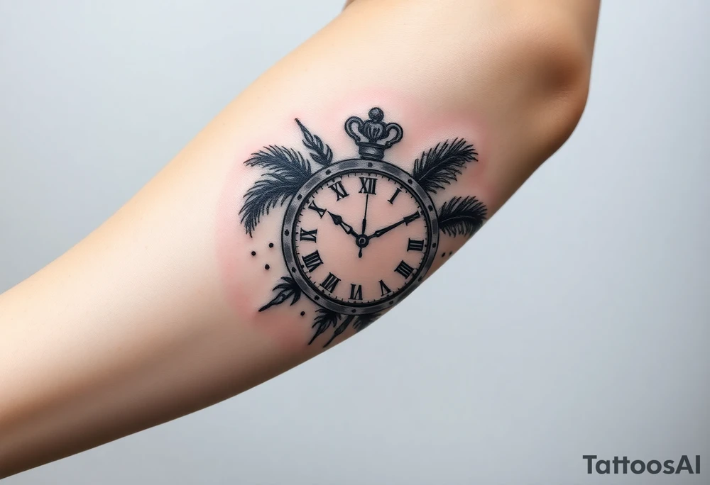 Hazme un tatuaje en el antebrazo que tenga un fondo de playa con palmeras le siga un reloj rompiéndose con un balón de fútbol con relieve con una corona y que encima del tatuaje ponga el tiempo De Dios es perfecto con una fuente en cursiva y negrita  que ocupe todo el antebrazo tattoo idea