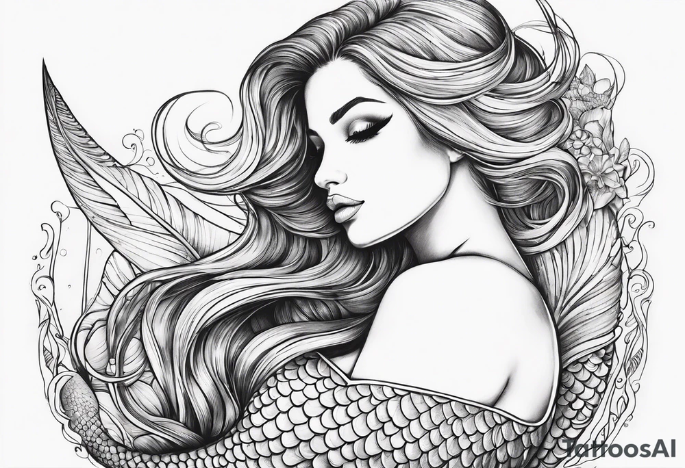 Draw a mermaid body with nice long fish tail with a shell bra tattoo idea