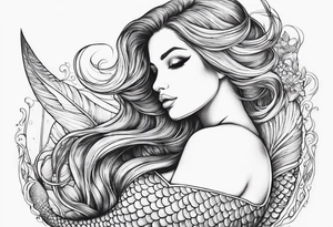 Draw a mermaid body with nice long fish tail with a shell bra tattoo idea