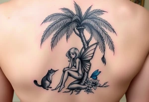 A blonde fairy sitting under a palm tree with a squirrel, 
a blue butterfly, and a  hummingbird drinking from a flower. tattoo idea