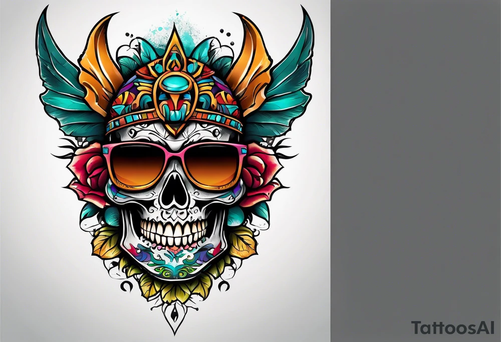 Colorful Mayan skull wearing sunglasses with bats water and cave tattoo idea