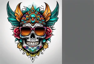 Colorful Mayan skull wearing sunglasses with bats water and cave tattoo idea