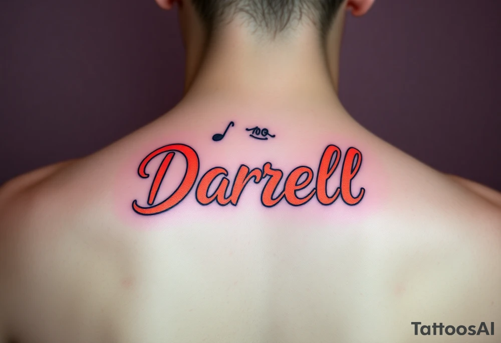 Feminine tattoo, neon colors, "Darrell" with lots of whimsical background tattoo idea