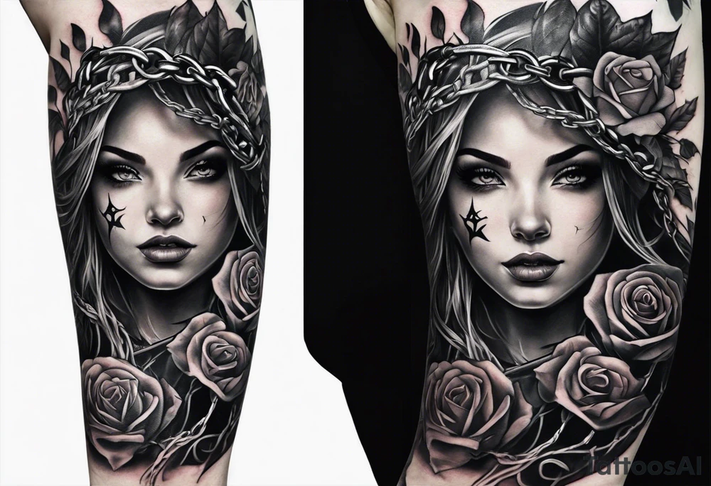 tattoo fool sleeve, tree roots break out of the chains, broken mask, girl, roses, medieval, dark castle tattoo idea