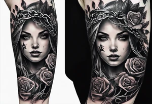 tattoo fool sleeve, tree roots break out of the chains, broken mask, girl, roses, medieval, dark castle tattoo idea