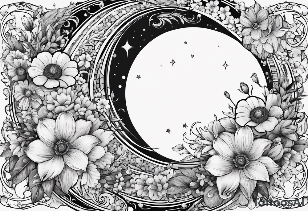 Crescent moon shrouded in pretty flowers tattoo idea