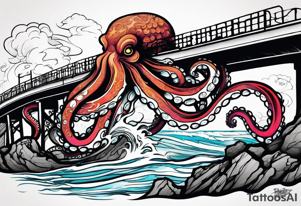 Octopus attacking bridge tattoo idea
