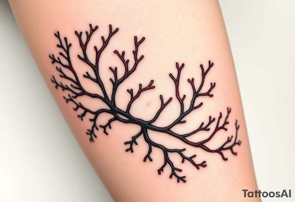 Photorealistic tattoo design of Asparagopsis taxiformis red algae, detailed texture, natural branching pattern, underwater appearance, suitable for calf placement, flowing upward” tattoo idea