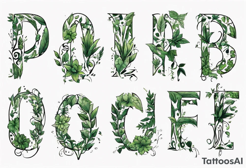 Words “Plant Powered” spelled out with plants and vines through out the words tattoo idea