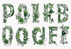 Words “Plant Powered” spelled out with plants and vines through out the words tattoo idea