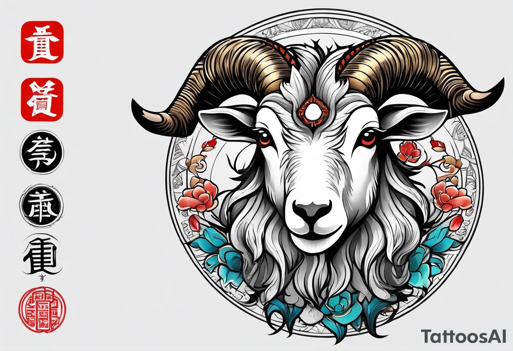 zodiac animal goat in japanese treaditional style tattoo idea