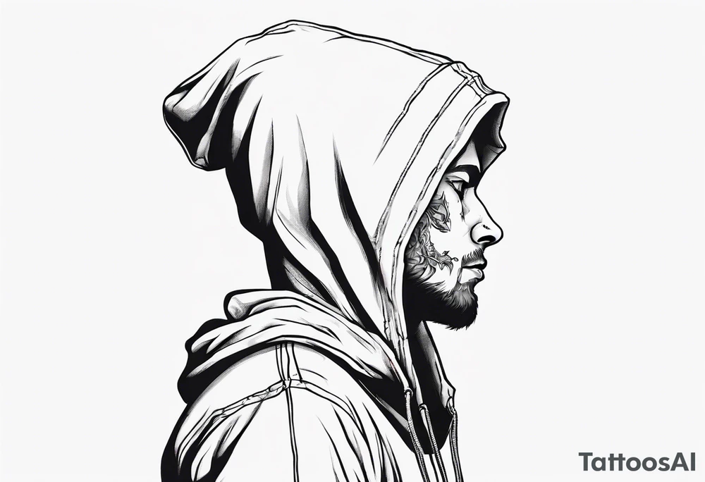 The full side view of a person in a hoodie, looking down. tattoo idea