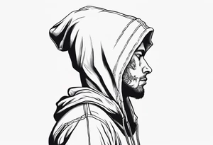 The full side view of a person in a hoodie, looking down. tattoo idea