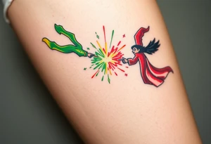 A magical duel scene, where green and red spells clash in midair, with sparks flying from the collision tattoo idea