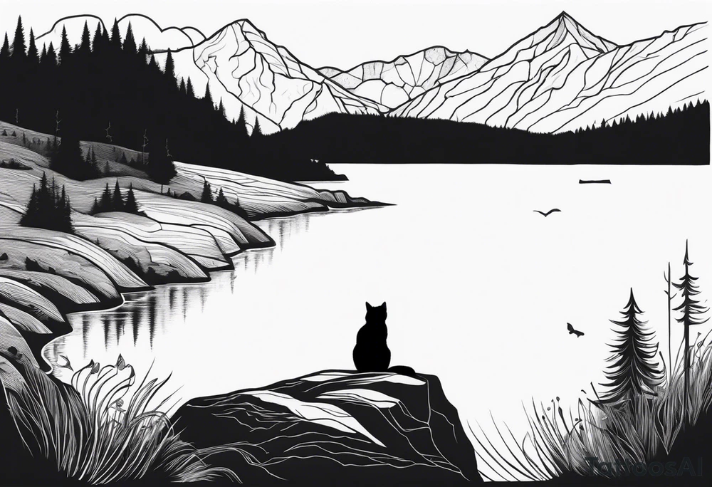 Man waking up trail with cat on side of him, Black Forest and mountains behind with lake tattoo idea