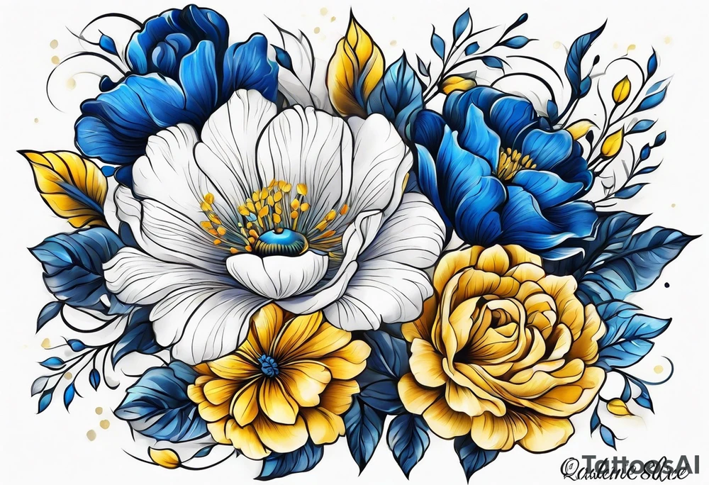 Blue white and yellow flowers arm sleeve tattoo idea