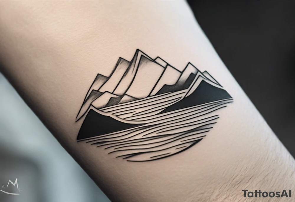 The tattoo starts at the wrist with a simple, clean line that represents the shoreline. Above this line, there are serene, rolling waves depicted in a minimalistic style—smooth curves that capture the essence of the ocean.

Moving upward, the waves gradually transition into a set of geometric mountains. These mountains are outlined with clean, straight lines, creating a sharp yet simple silhouette against the canvas of your forearm. The peaks of the mountains form a subtle V shape, symbolizing strength and resilience.

Above the mountains, a small, circular sun completes the design. The sun is composed of bold, yet uncomplicated lines, radiating simplicity and warmth. The circular shape of the sun adds balance to the overall composition, creating a harmonious blend with the waves and mountains. tattoo idea