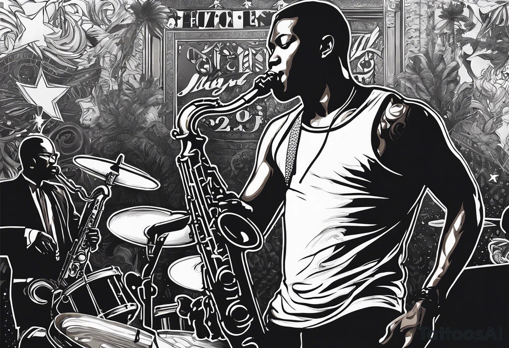 Muay Thai boxer with strong body is playing jazz on a Selmer tenor saxophone in an American jazz club front of a new orleans jazz trio band. The music notes are coming out from the saxophone and turning into buddhist symbols. tattoo idea