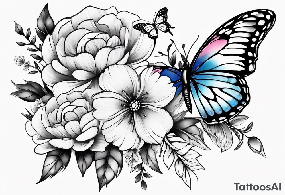 Female arm sleeve with pink, white, and blue flowers and butterflies tattoo idea