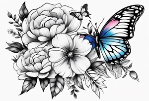 Female arm sleeve with pink, white, and blue flowers and butterflies tattoo idea