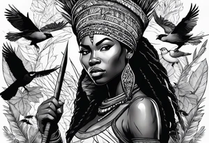 African woman warrior holding a spear with a mean look on her face with birds and leafys in the background and tattoo idea