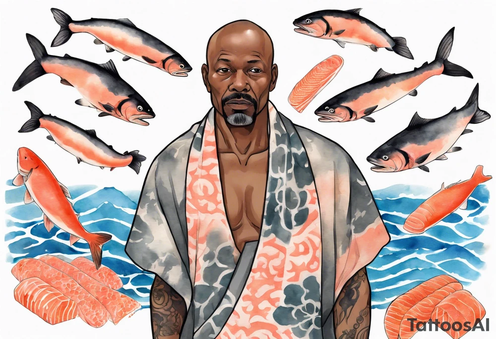 a 50-year-old black man wearing salmon cloak standing by a pool filled with salmon tattoo idea