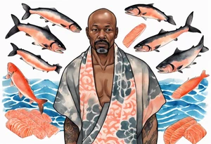 a 50-year-old black man wearing salmon cloak standing by a pool filled with salmon tattoo idea