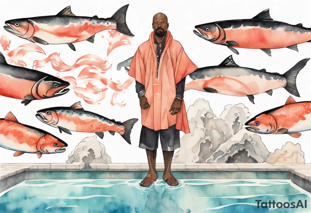 a 50-year-old black man wearing salmon cloak standing by a pool filled with salmon tattoo idea