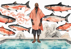 a 50-year-old black man wearing salmon cloak standing by a pool filled with salmon tattoo idea