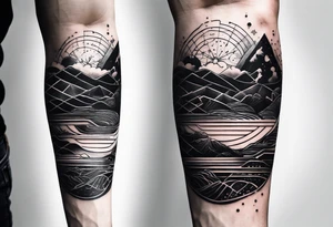 A forearm tattoo about electronic music mixed with the water of the ocean, focus on geometric patterns, abstract tattoo idea