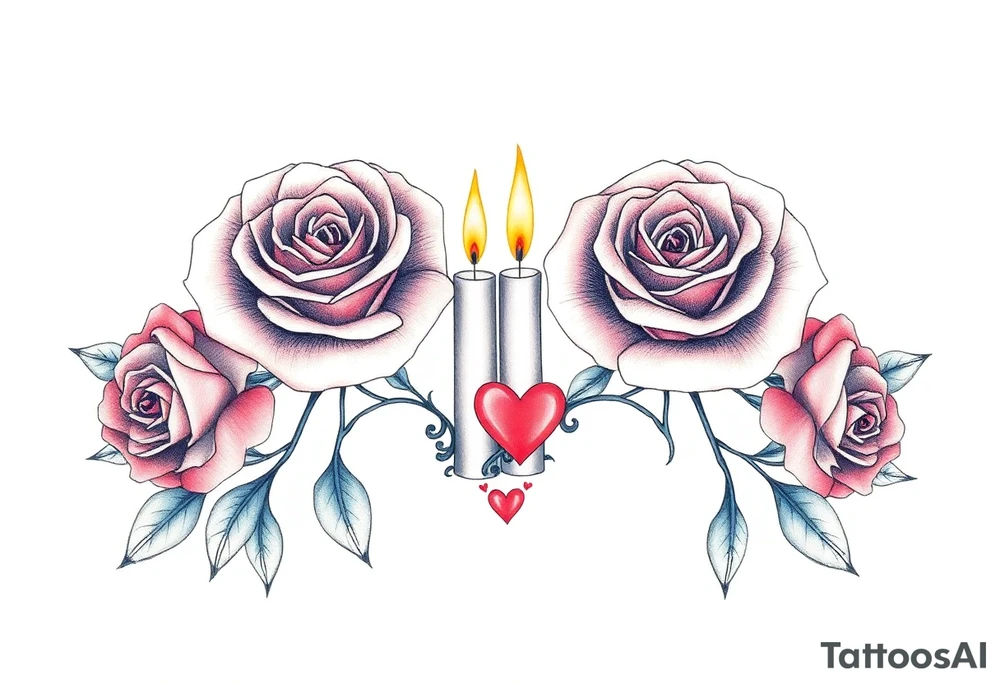 Passed love one, two roses, two candles, blue, hearts tattoo idea