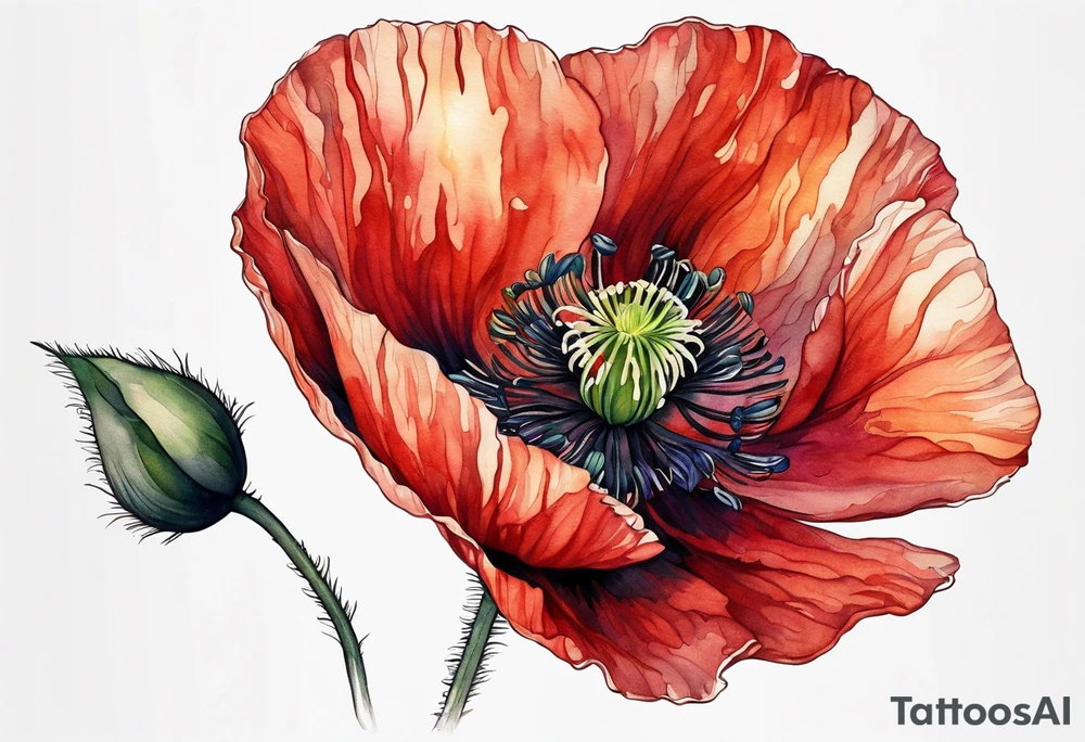 Long poppy flower tattoo, no outline tattoo idea