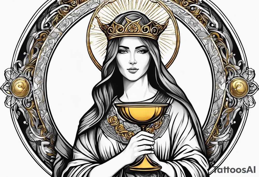 woman saint holding chalice surrounded by golden halo sideways tattoo idea