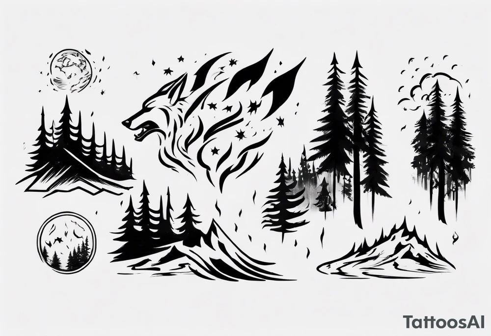 a thunderstorm over a forest and a wolf howling tattoo idea a thunderstorm over a forest and a wolf howling tattoo idea