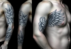 Forearm sleeve tattoo including details of a few jungle leafs, Puerto Rican tribal patterns, angel wing with money patterns in it tattoo idea