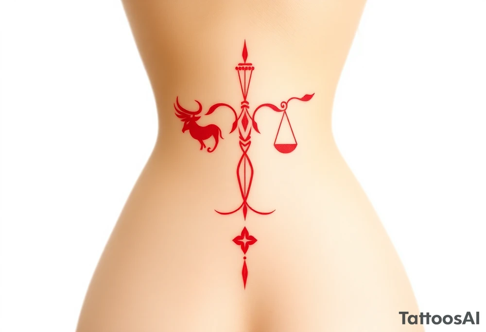 Tattoo that combines the star sign Taurus and Libra ,in red , down the spine tattoo idea