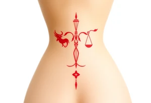 Tattoo that combines the star sign Taurus and Libra ,in red , down the spine tattoo idea