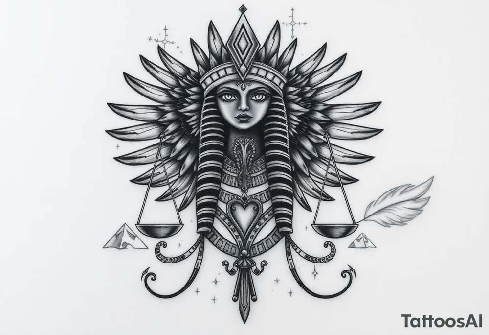 “Super realistic black and grey tattoo of the Egyptian goddess Ma’at, depicted as a regal woman with an ostrich feather headdress, intense glowing eyes, and intricate ancient Egyptian jewelry. She stands or floats amidst swirling cosmic energy and beams of light, with subtle hieroglyphics and pyramids in the background. Incorporate the Scales of Justice—one side holding a heart, the other Ma’at’s feather—glowing with ethereal energy. Emphasize dramatic lighting, deep shadows, and surreal, mystical atmosphere to match a sleeve with Anubis and cosmic motifs. Design should flow with existing sleeve art, using soft transitions and layered textures. tattoo idea