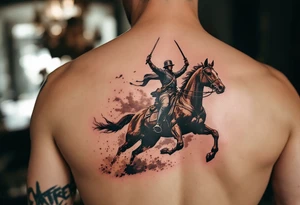 Cavalry Charge – A mounted soldier in faded blue and gray uniform, riding a dark brown horse, with swords raised and dust flying in the background. tattoo idea