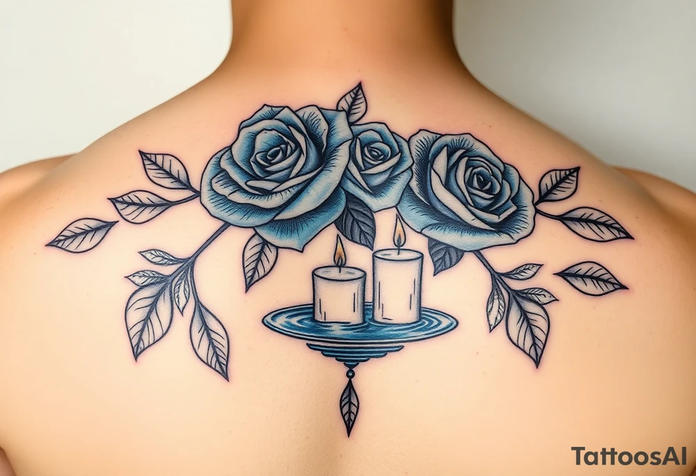Blue roses, water, 2 candles, eyes tattoo idea