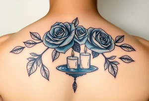 Blue roses, water, 2 candles, eyes tattoo idea