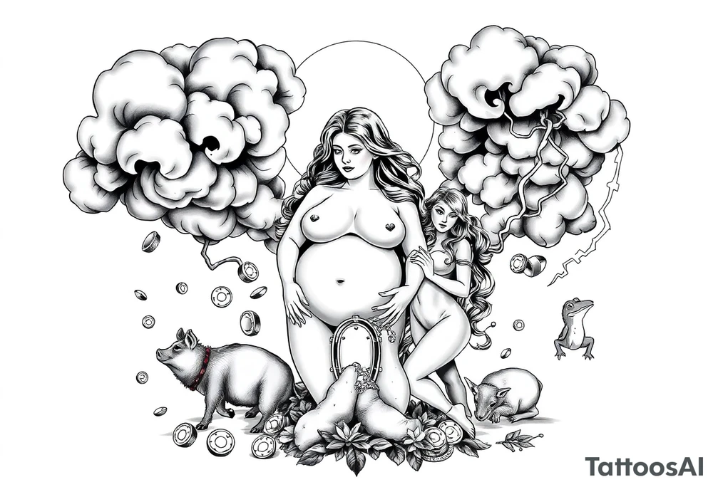 Storm clouds with a fat naked woman and drugs and money  and coins and mirror and sexy naked couple having sex with pig and peacock frog lamb and lightening lust gluttony envy greed wrath pride  sloth tattoo idea