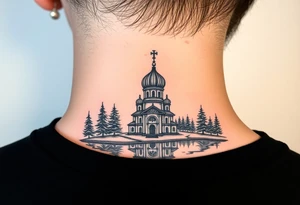 medium sized russian orthodox dome church with a separated virgin mary praying beside a lake and pine trees on the sized of my neck tattoo idea