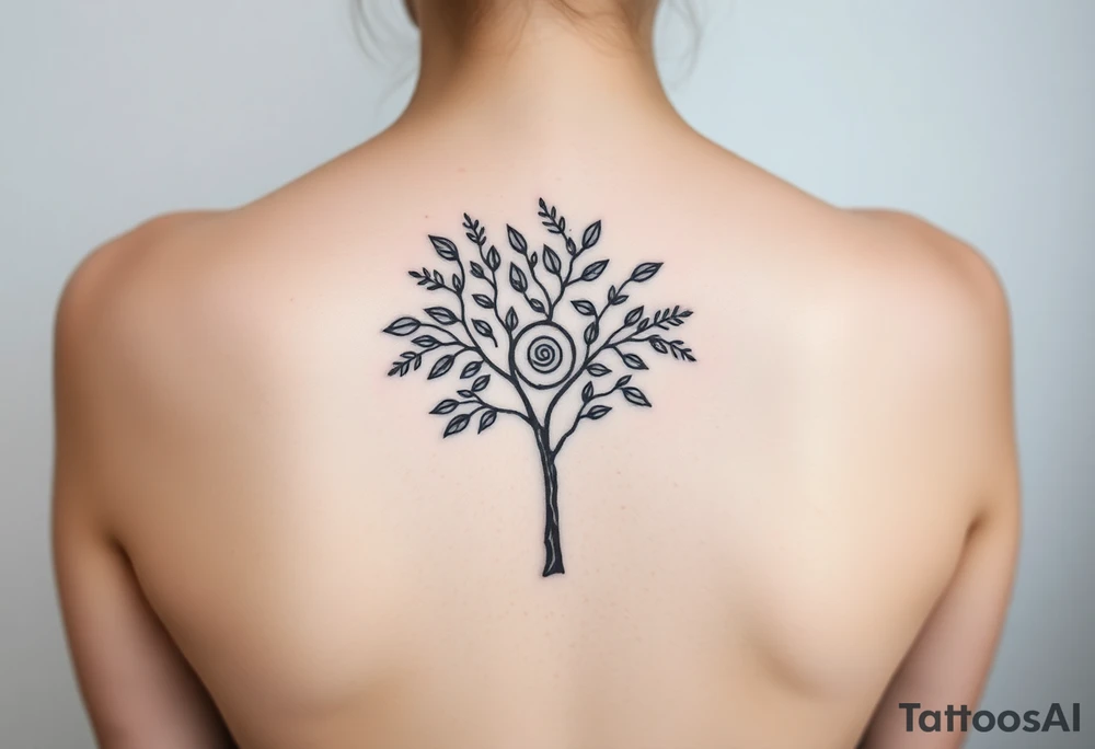 A tree with fee leaves, with a spiral line coming from the center of the tree and moving outward tattoo idea