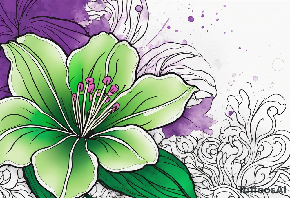 An outline of a green rio dipladenia flower and a green and purple watercolor splash in the background tattoo idea