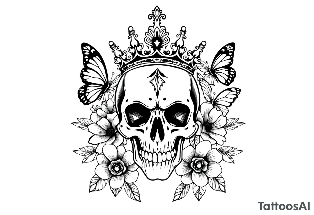 ornate skull adorned with gorgeous crown surrounded by boho flowers and butterflies tattoo idea
