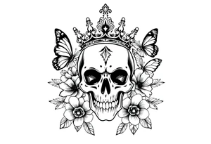 ornate skull adorned with gorgeous crown surrounded by boho flowers and butterflies tattoo idea