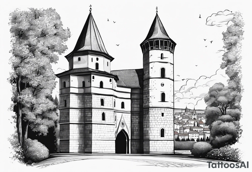 picture of Varaždin tower
with the names vesna and ivo under it tattoo idea
