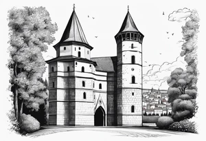 picture of Varaždin tower
with the names vesna and ivo under it tattoo idea