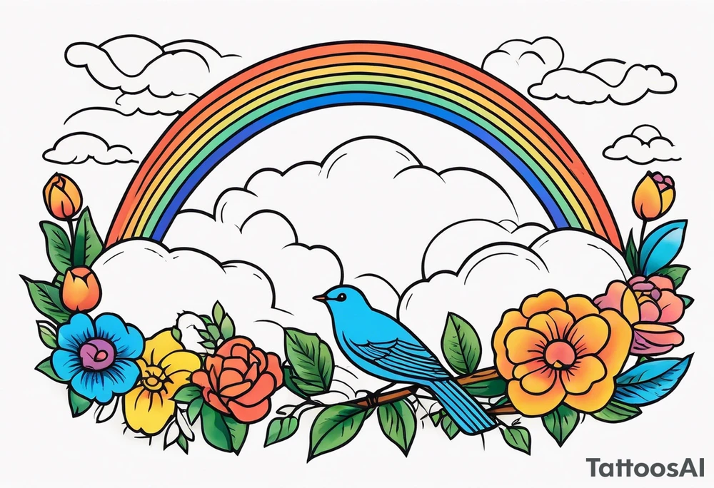 rainbow in clouds
with birds and vintage flowers
old school vintage simple traditional design 



bold color simple tattoo idea